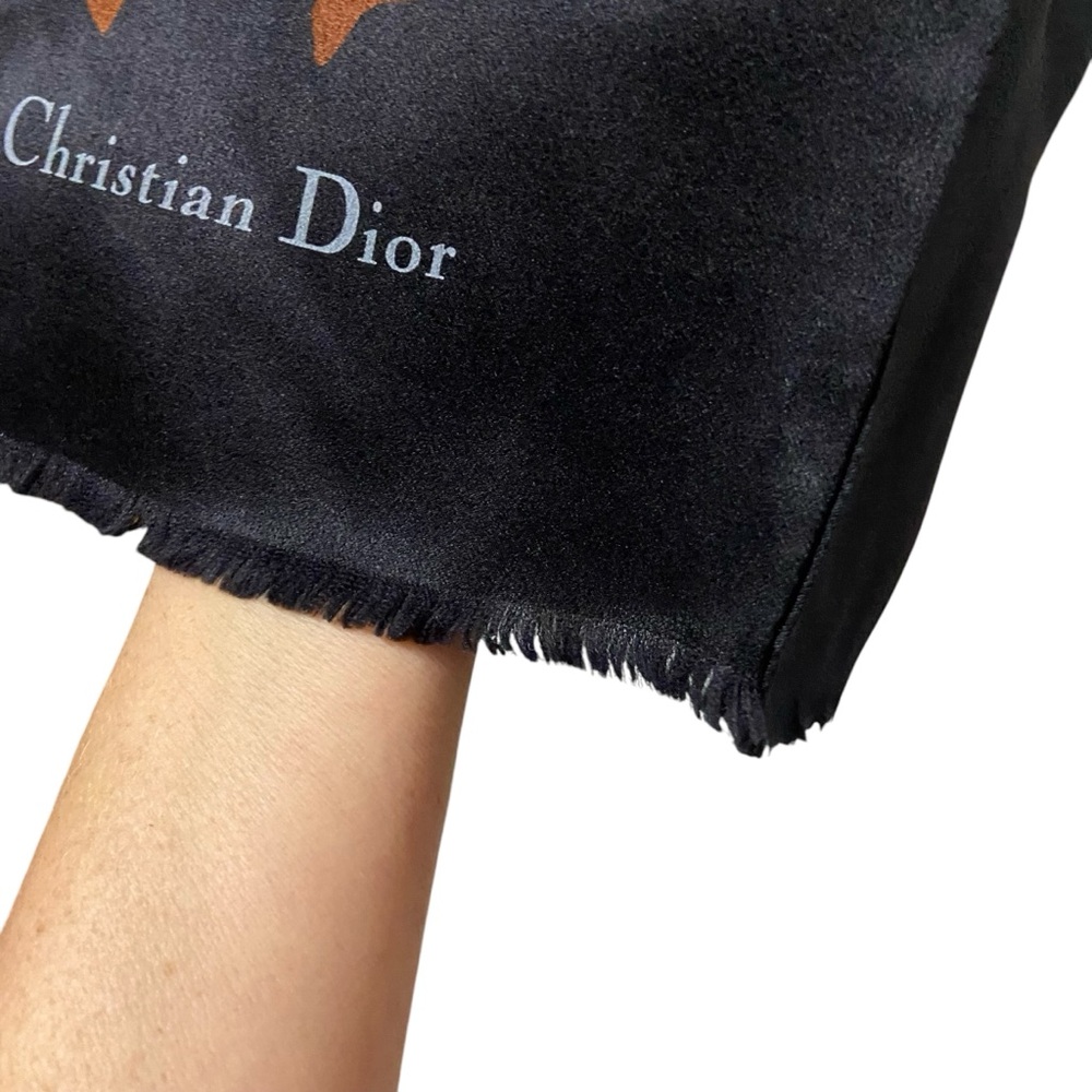 CHRISTIAN DIOR Silk Scarf Printed Pattern Black & Gold Vintage - Picture 7 of 16